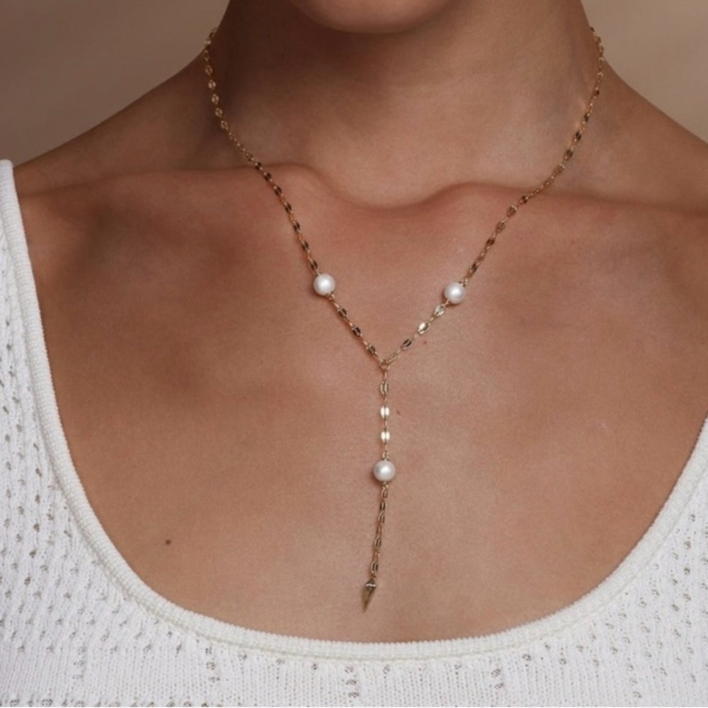 MELINDA MARIA | Perfect Pearl Drop Lariat Y Necklace | Gold  NEW ✨w/purple box!